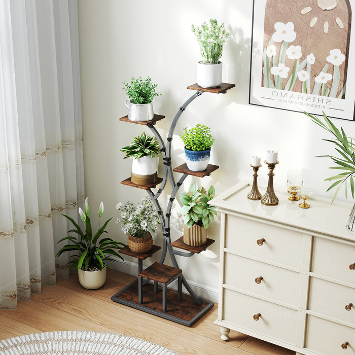 146CM Tall 8-Tier Corner Metal Plant Shelf for Multiple Plants-Walnut