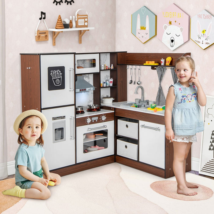 Kids Wooden Corner Play Kitchen with Lighted Range Hood and Stoves-