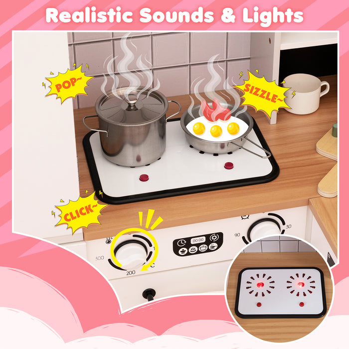Wooden Corner Play Kitchen with Pine Wood Legs and Lights & Sounds-Pink