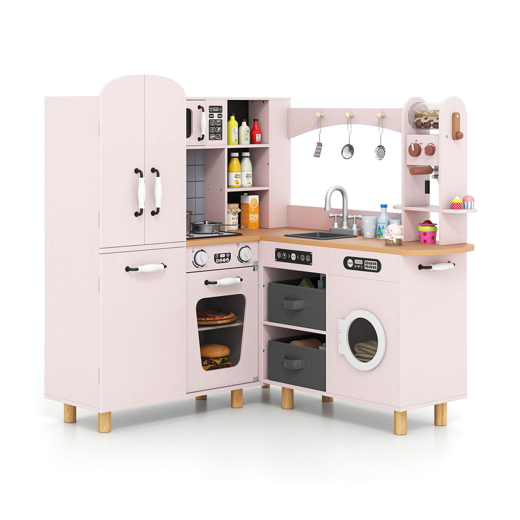 Wooden Corner Play Kitchen with Pine Wood Legs and Lights & Sounds-Pink