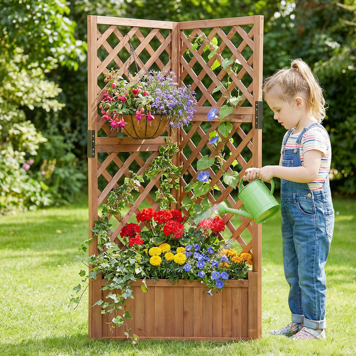 Corner Raised Garden Bed with Lattice Trellises Drainage Holes-Natural