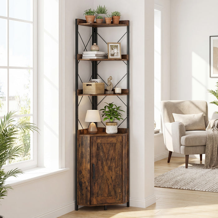6-Tier Corner Storage Shelf with Door and Raised Edge Protection-White