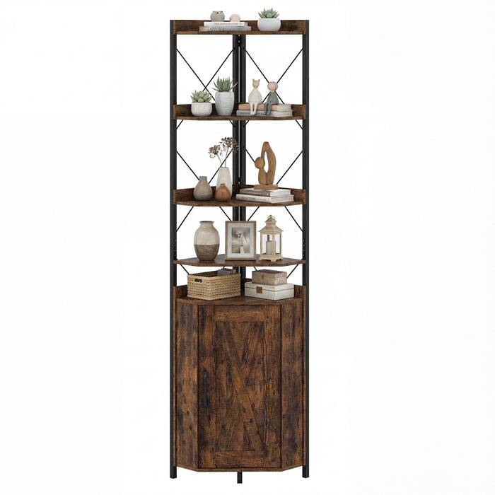 6-Tier Corner Storage Shelf with Door and Raised Edge Protection-White