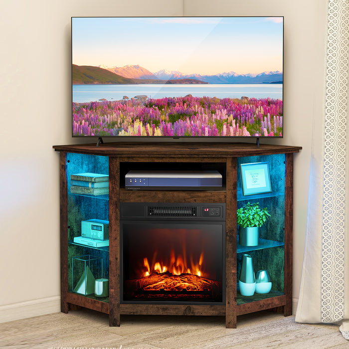 Corner TV Stand with Fireplace Insert and LED Lights-Black