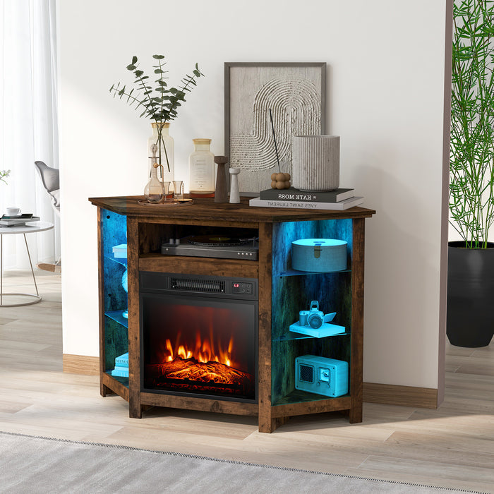 Corner TV Stand with Fireplace Insert and LED Lights-Black