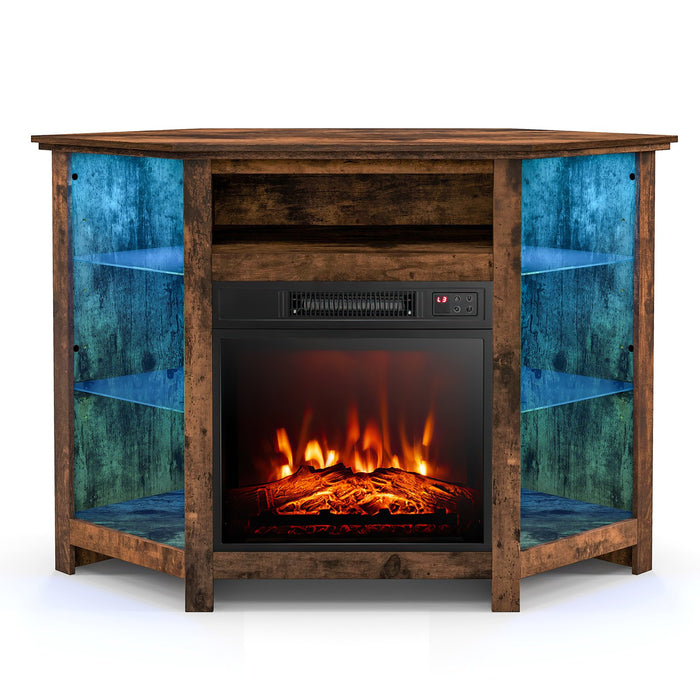 Corner TV Stand with Fireplace Insert and LED Lights-Black