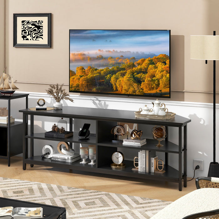 Corner TV Stand with AC Outlets and Storage Shelves-