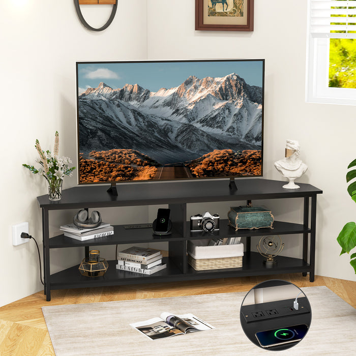 Corner TV Stand with AC Outlets and Storage Shelves-