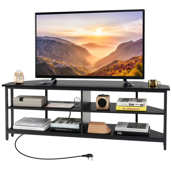 Corner TV Stand with AC Outlets and Storage Shelves-