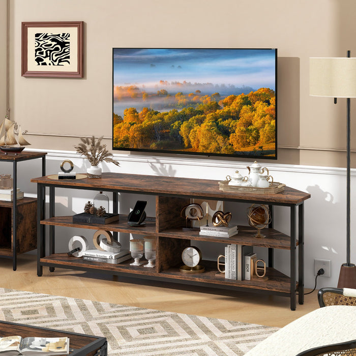 Corner TV Stand with AC Outlets and Storage Shelves-