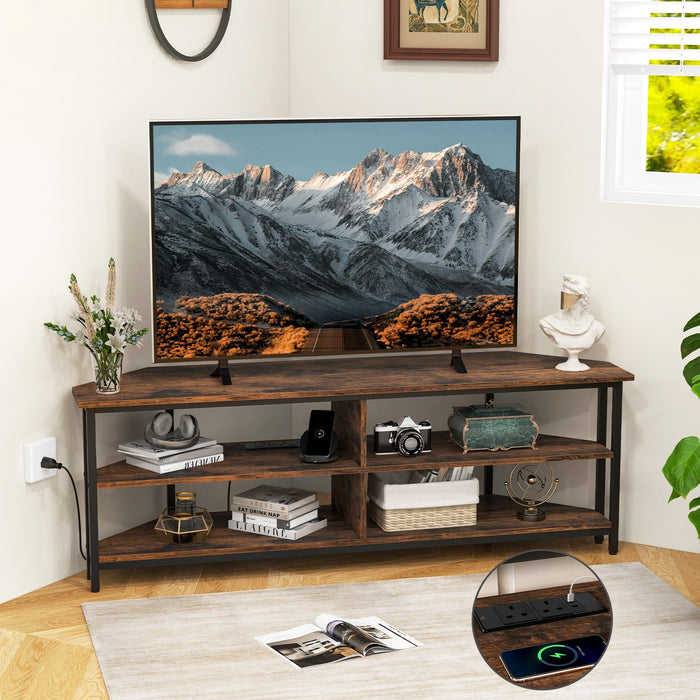 Corner TV Stand with AC Outlets and Storage Shelves-