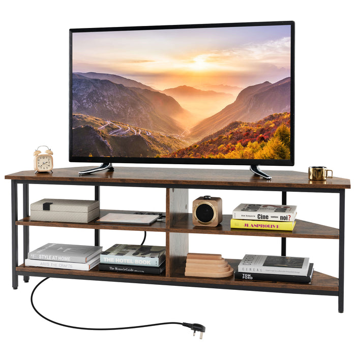 Corner TV Stand with AC Outlets and Storage Shelves-