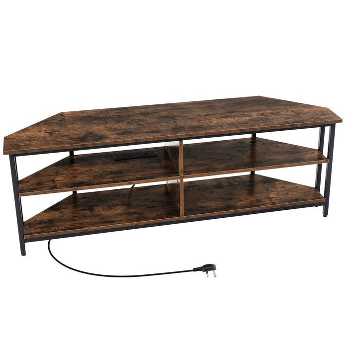 Corner TV Stand with AC Outlets and Storage Shelves-