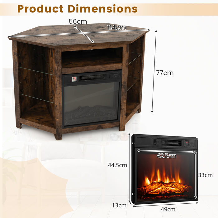Corner TV Stand with Fireplace Insert and LED Lights-Rustic Brown