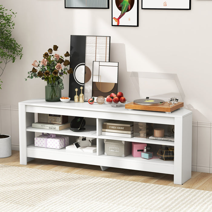 Corner TV Stand with Power Outlet and 4 Open Storage Shelves-