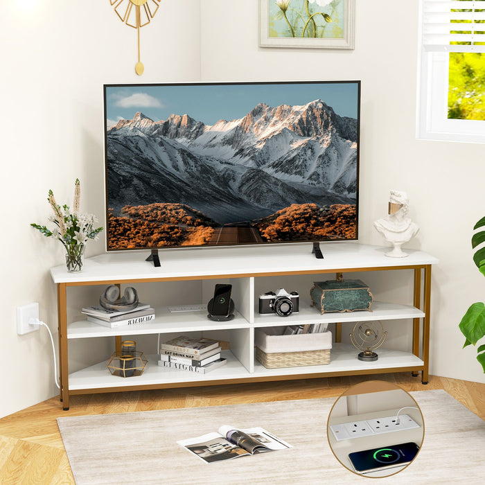 Corner TV Stand with AC Outlets and Storage Shelves-