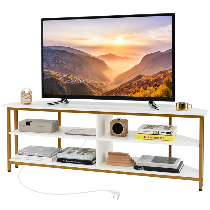 Corner TV Stand with AC Outlets and Storage Shelves-