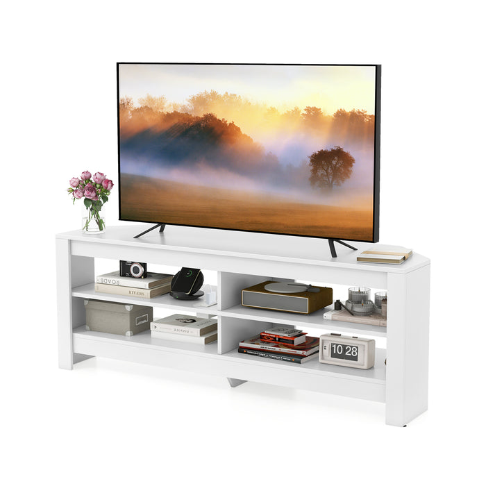 Corner TV Stand with Power Outlet and 4 Open Storage Shelves-