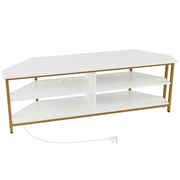 Corner TV Stand with AC Outlets and Storage Shelves-