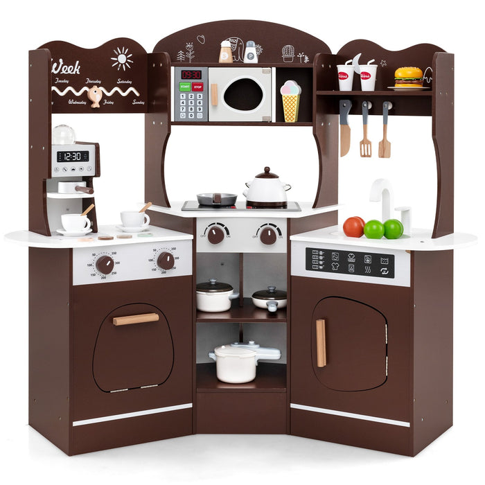 Kids Corner Wooden Play Kitchen with Coffee Machine Slide Microwave-