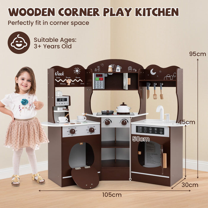 Kids Corner Wooden Play Kitchen with Coffee Machine Slide Microwave-