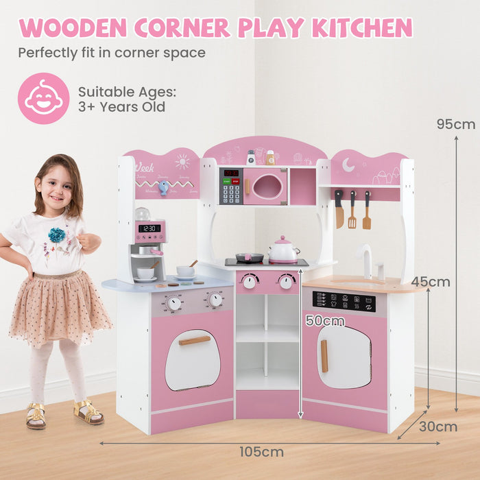 Kids Corner Wooden Play Kitchen with Coffee Machine Slide Microwave-