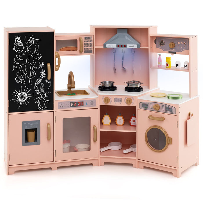 Corner Wooden Play Kitchen with Lights Sounds Toy Kitchen Playset-Espresso