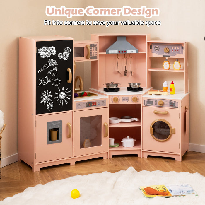 Corner Wooden Play Kitchen with Lights Sounds Toy Kitchen Playset-Espresso