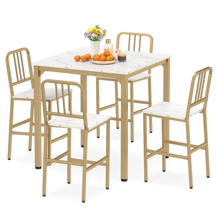 Counter Height Dining Table Set for 4 Kitchen Bar Table and Chairs Set with Faux Marble Surface-