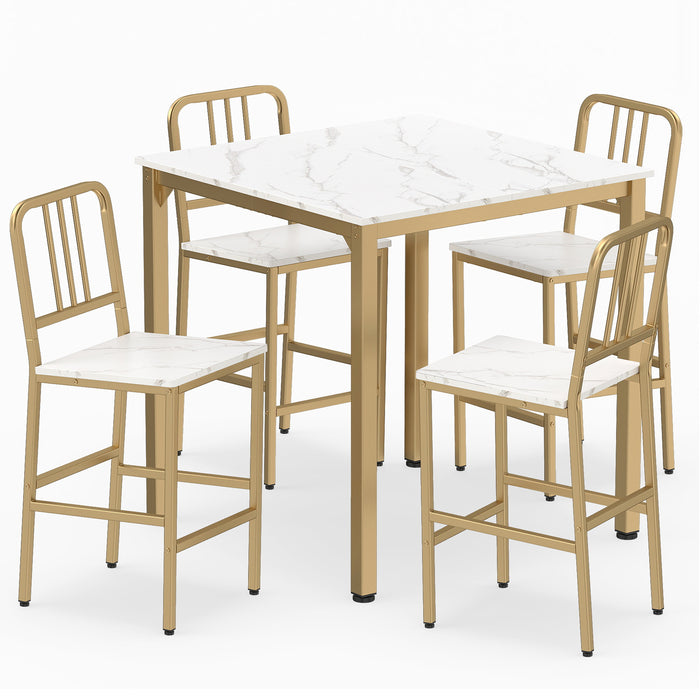 Counter Height Dining Table Set for 4 Kitchen Bar Table and Chairs Set with Faux Marble Surface-