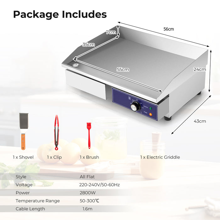 Countertop Electric Griddle 2800W 240V Commercial Stainless Steel Grill with 50℃-300℃ Adjustable Temp Control-