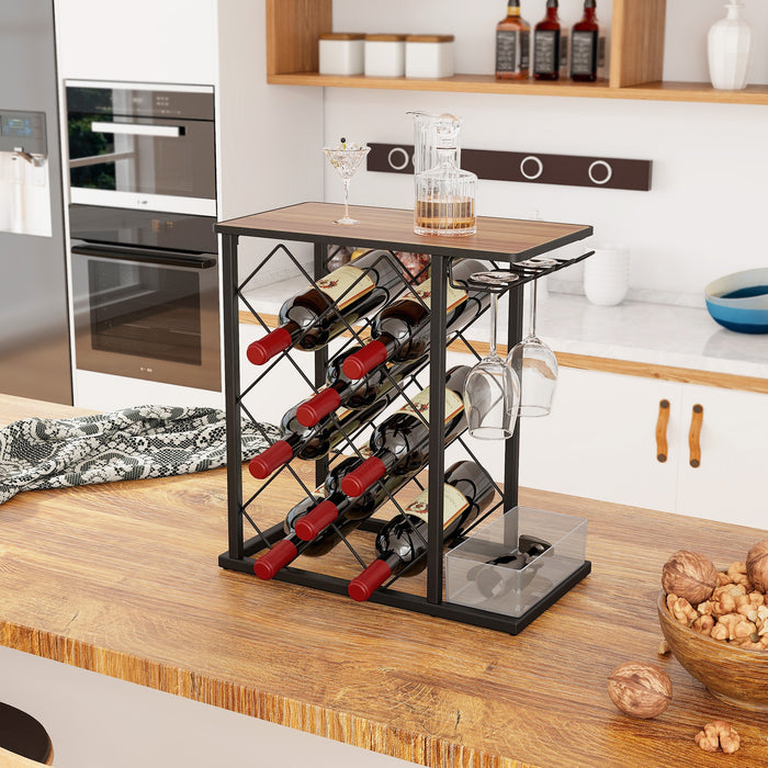 Metal Frame Countertop Wine Rack - Holds 8 Bottles, Includes Storage Box Feature - Ideal for Wine Enthusiasts and Organization
