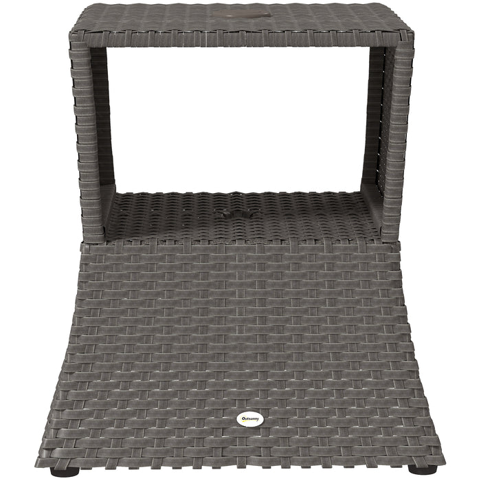 Outsunny Rattan Outdoor Coffee Table, Wicker Garden Patio Bistro Side Table with Umbrella Hole and Storage Space, Dark Grey