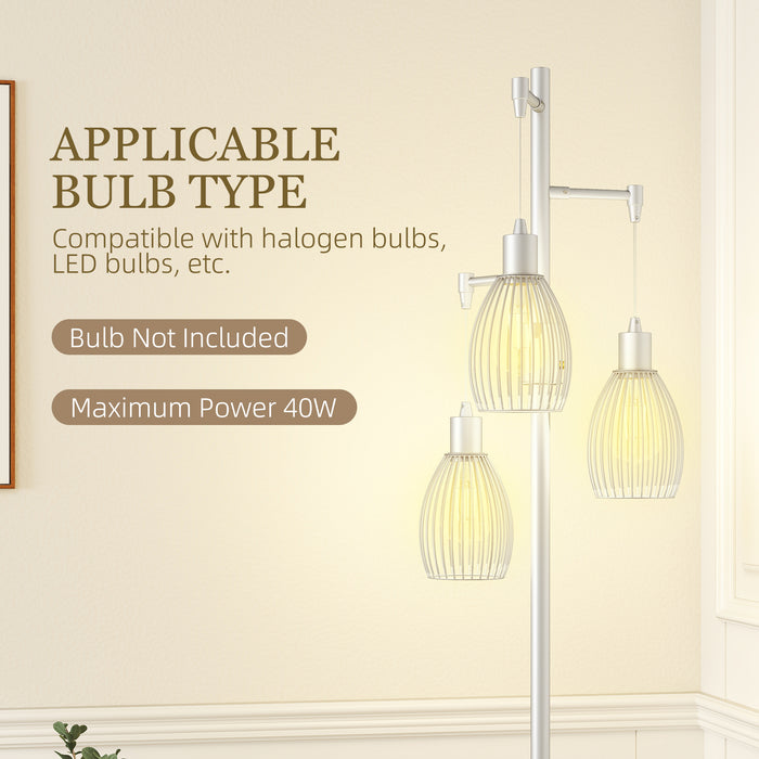 HOMCOM 170cm Industrial 3-Light Floor Lamp, Dimmable Standing Lamp with Steel Lampshades for Living Room, Bedroom, Dinging Room, Study, Silver Tone