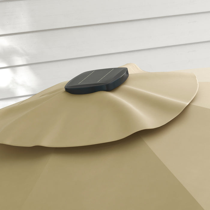 Adjustable 3m Cantilever Parasol with Base - Solar-Powered LED Lighting, Elegant Khaki Shade - Ideal for Outdoor Relaxation and Evening Ambiance