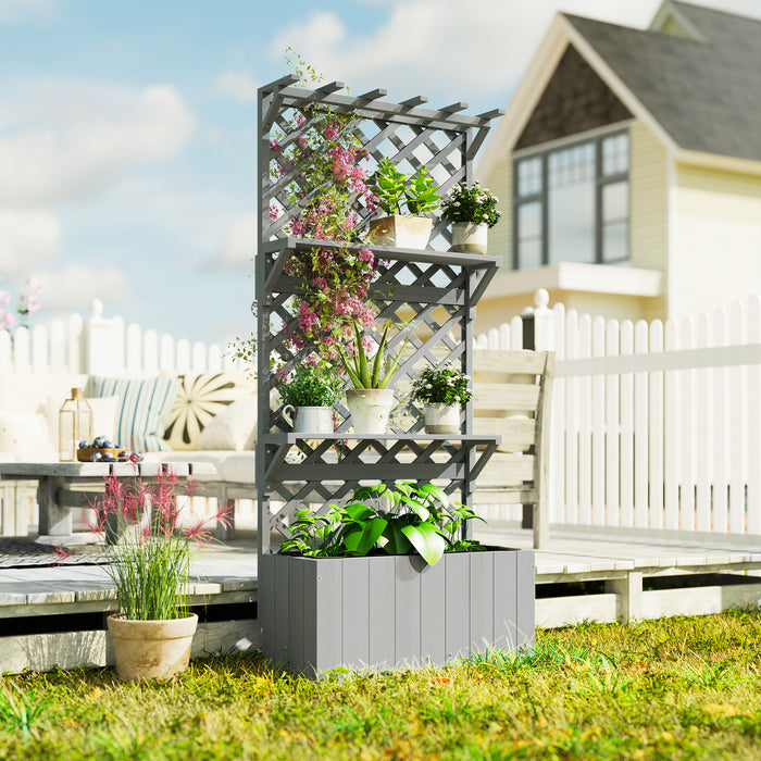 Outsunny 52L Wooden Planter, with Trellis and Shelves - Grey