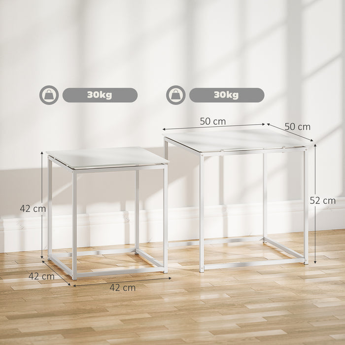 HOMCOM Nest of Tables, Set of 2 Coffee Table, Side Tables with Tempered Glass Desktop and Metal Frame for Living Room, Bedroom, Office, White