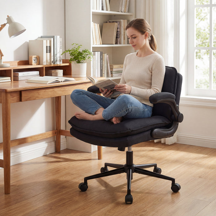 Criss Cross Chair on Wheels with Flip-up Arms Adjustable Height and Wide Backrest-Beige