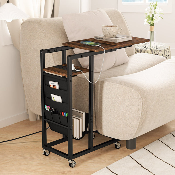 C-shaped End Table Rolling with Charging Station and Retractable Tabletop-