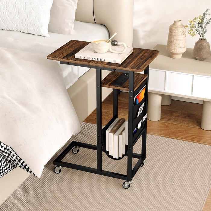 C-shaped End Table Rolling with Charging Station and Retractable Tabletop-