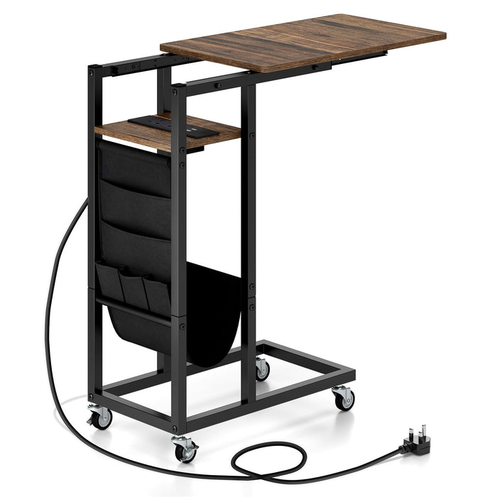 C-shaped End Table Rolling with Charging Station and Retractable Tabletop-