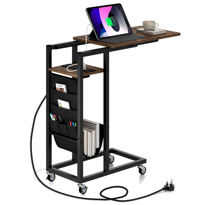 C-shaped End Table Rolling with Charging Station and Retractable Tabletop-