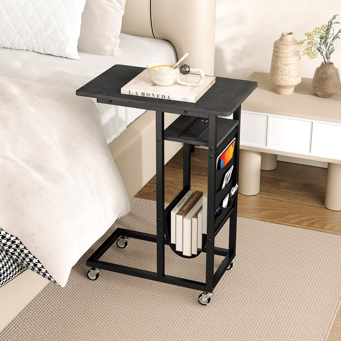 C-shaped End Table Rolling with Charging Station and Retractable Tabletop-