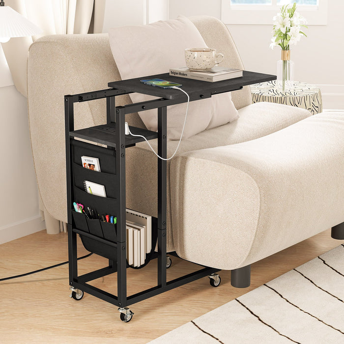 C-shaped End Table Rolling with Charging Station and Retractable Tabletop-