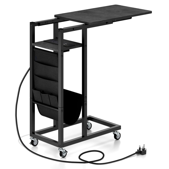 C-shaped End Table Rolling with Charging Station and Retractable Tabletop-