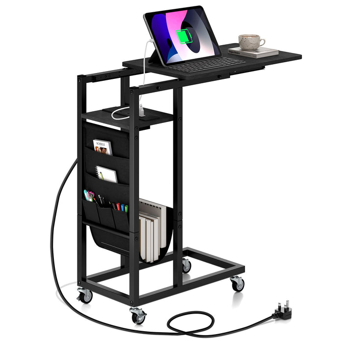 C-shaped End Table Rolling with Charging Station and Retractable Tabletop-