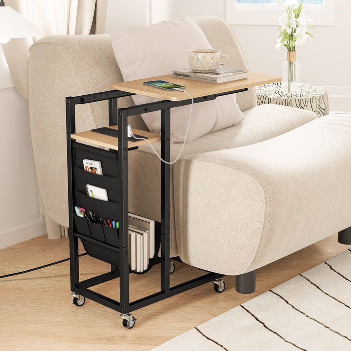 C-shaped End Table Rolling with Charging Station and Retractable Tabletop-