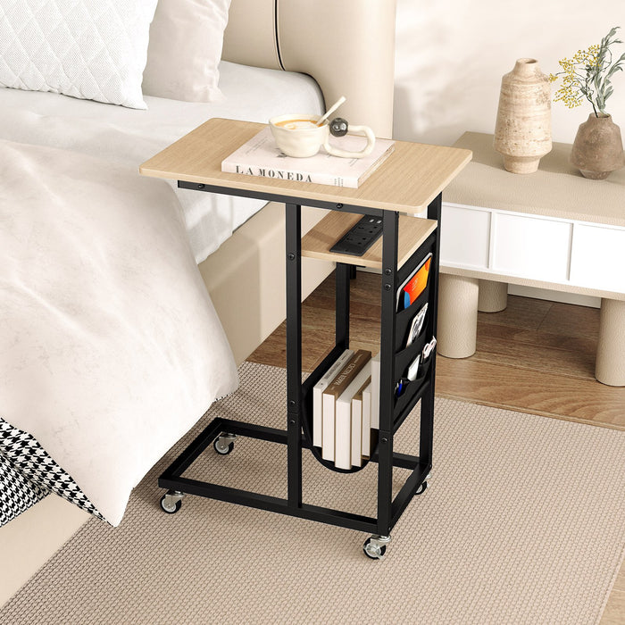 C-shaped End Table Rolling with Charging Station and Retractable Tabletop-