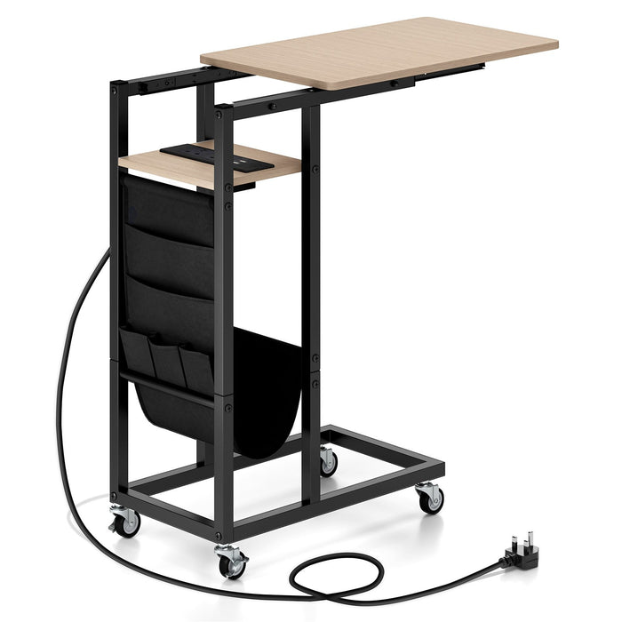 C-shaped End Table Rolling with Charging Station and Retractable Tabletop-