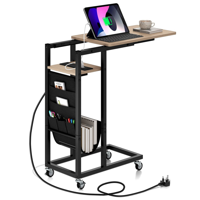 C-shaped End Table Rolling with Charging Station and Retractable Tabletop-